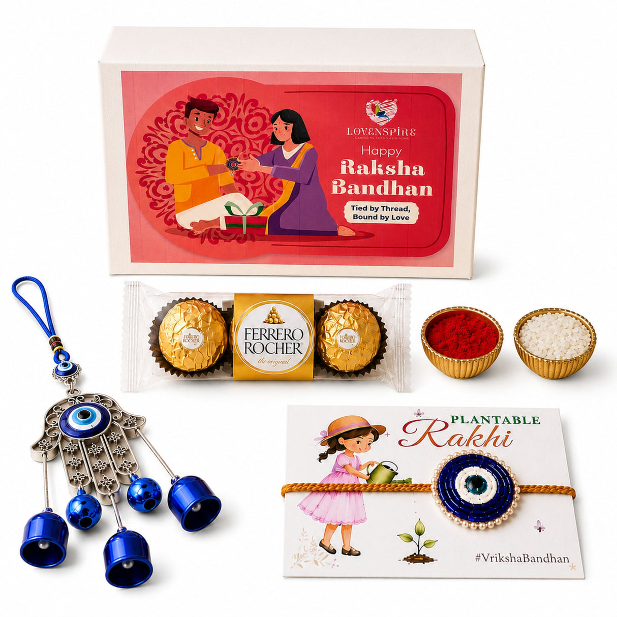 Blue and silver metallic hamsa hand charm with dangling bells from evil eye seed rakhi gift hamper for brother