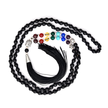 Black beaded mala necklace with colorful chakra gemstones and tassel for meditation