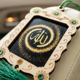 Islamic Allah car hanging ornament with gold calligraphy, green gems, tassel