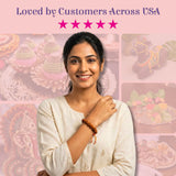 Warm earthy-toned 5 Mukhi Rudraksha beaded bracelet on wrist