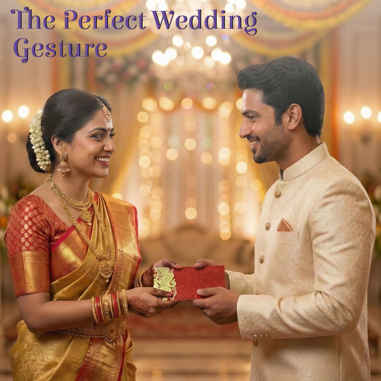 Red textured gift box with gold embossed Ganesha shagun envelope design