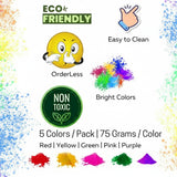 Holi colored powder pack in red yellow green pink purple 75g each eco-friendly