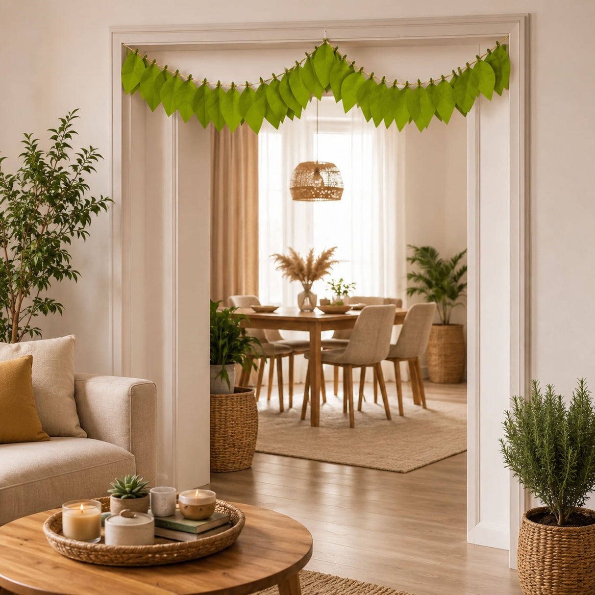 Fabric mango leaf door toran hanging with decorative green leaves for home pooja and diwali wedding decor
