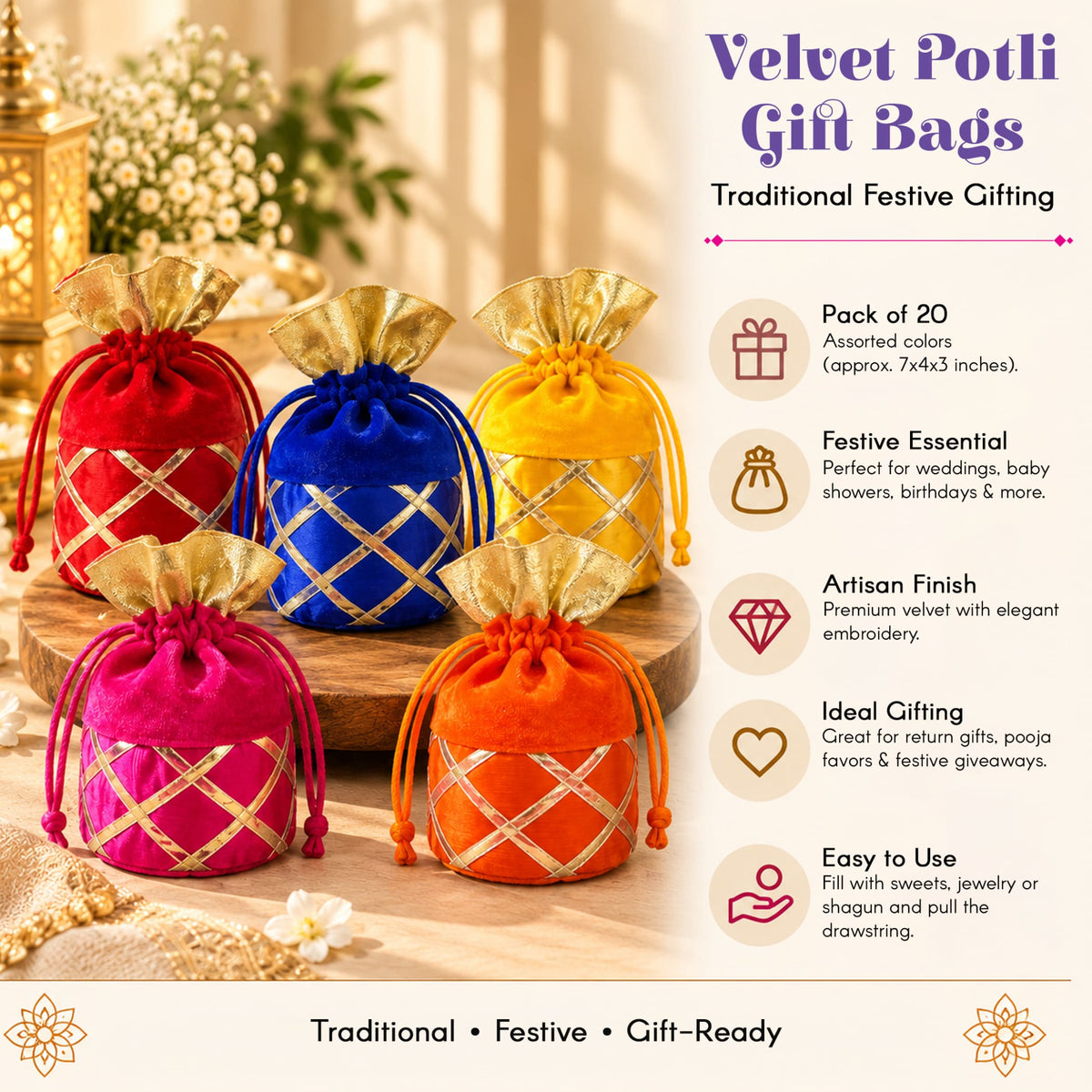 Assorted vibrant velvet traditional indian potli bags with gold-trimmed drawstrings and lattice gota patti embroidery