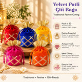 Assorted vibrant velvet traditional indian potli bags with gold-trimmed drawstrings and lattice gota patti embroidery