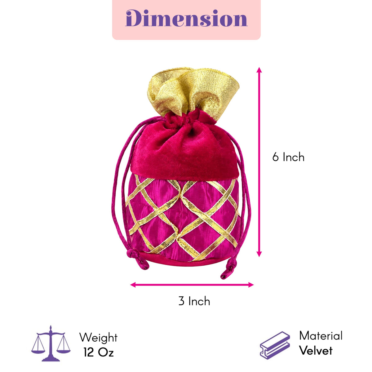 A vibrant fuchsia velvet potli bag with gold lattice gota patti work and drawstring for festive occasions