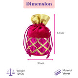 A vibrant fuchsia velvet potli bag with gold lattice gota patti work and drawstring for festive occasions
