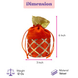 Orangish-red velvet potli bag with gold lattice gota patti work and golden leaf accent for festive and wedding use