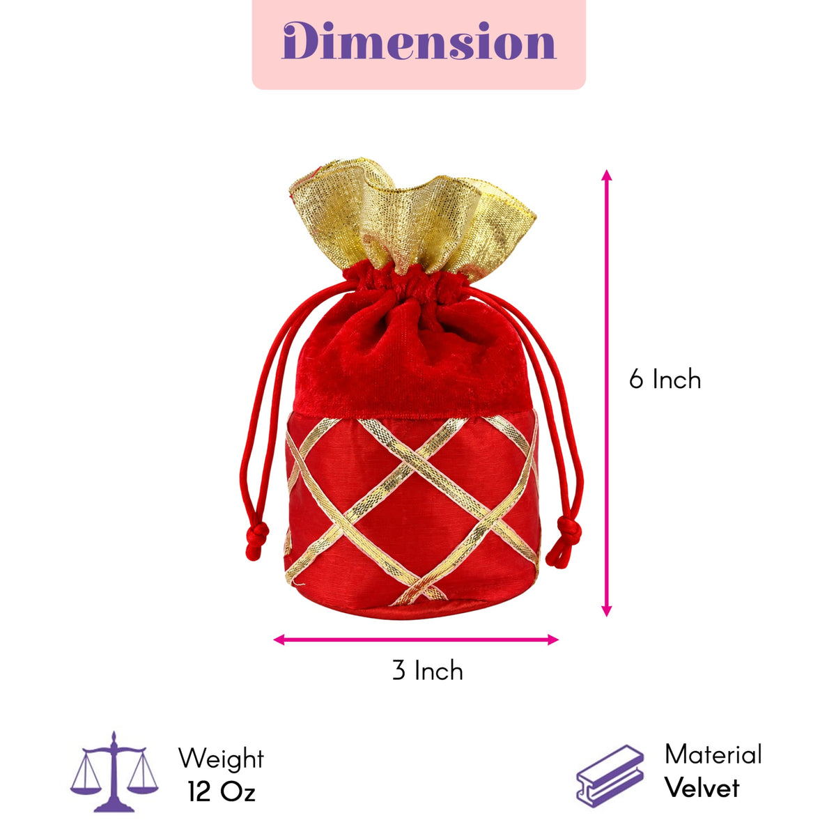 Traditional Indian red velvet potli bag with gold metallic lattice pattern and matching gold fabric top for festive use