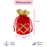 Traditional Indian red velvet potli bag with gold metallic lattice pattern and matching gold fabric top for festive use