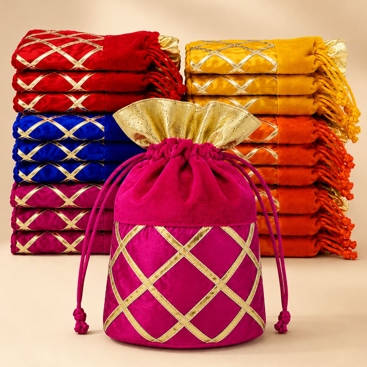 A vibrant fuchsia velvet potli bag with gold lattice embroidery and drawstring for festive and wedding return gifts
