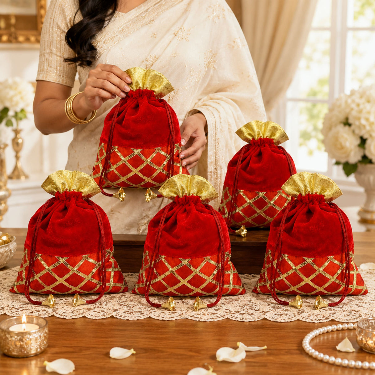 Red velvet potli bags with gold lattice embroidery and golden fluted tops for festive party and wedding return gifts