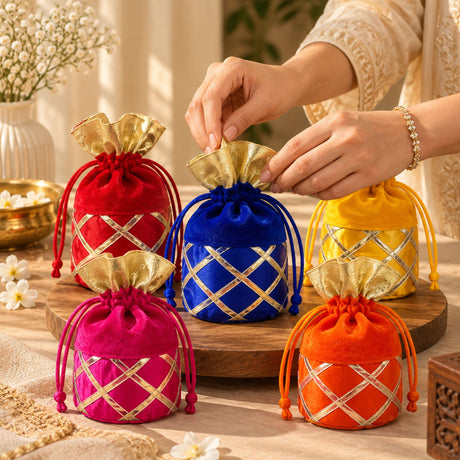 Traditional Indian velvet potli bags with gota patti work in red blue yellow pink and orange with gold lattice detailing