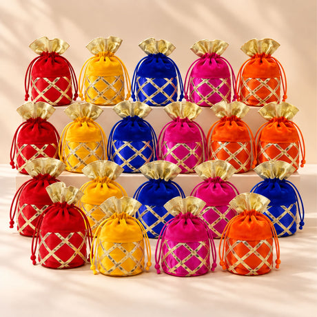 Traditional Indian velvet potli bags in red yellow blue pink and orange with gold lattice and matching golden flaps