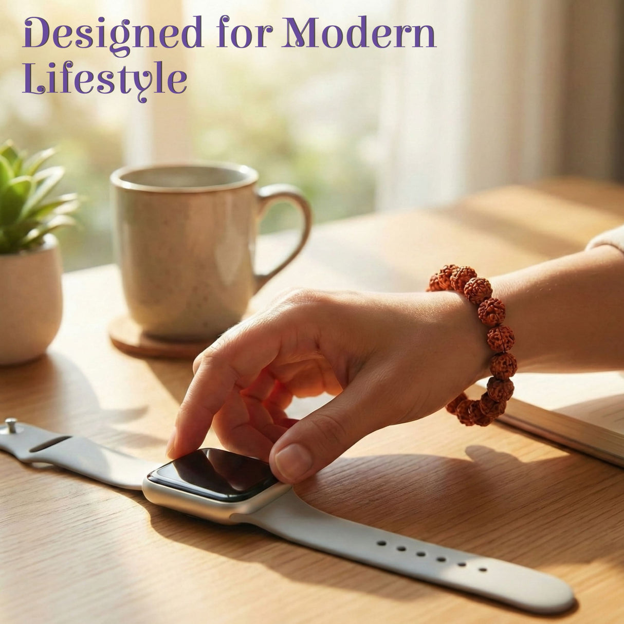 White silicone watch with silver case on wrist with 5 Mukhi Rudraksha bracelet