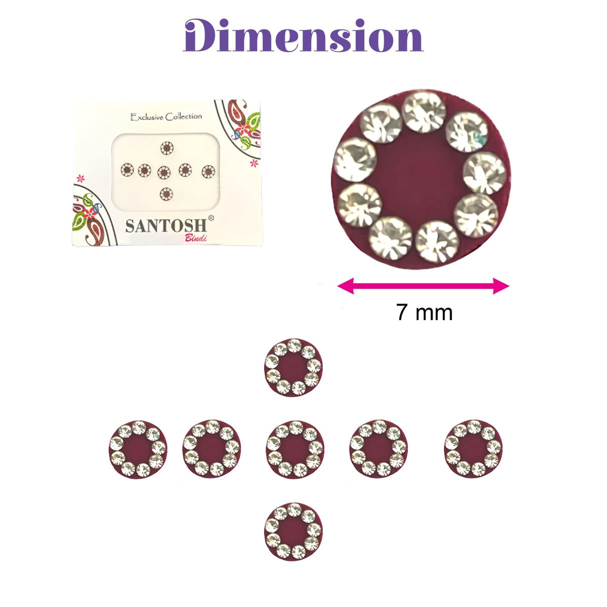 Maroon circular nose studs with clear crystal embellishments by Santosh from Indian crystal bindi collection for traditional wear