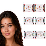 A woman wearing a red and gold decorative crystal kumkum bindi for Indian wedding and ceremonial favors