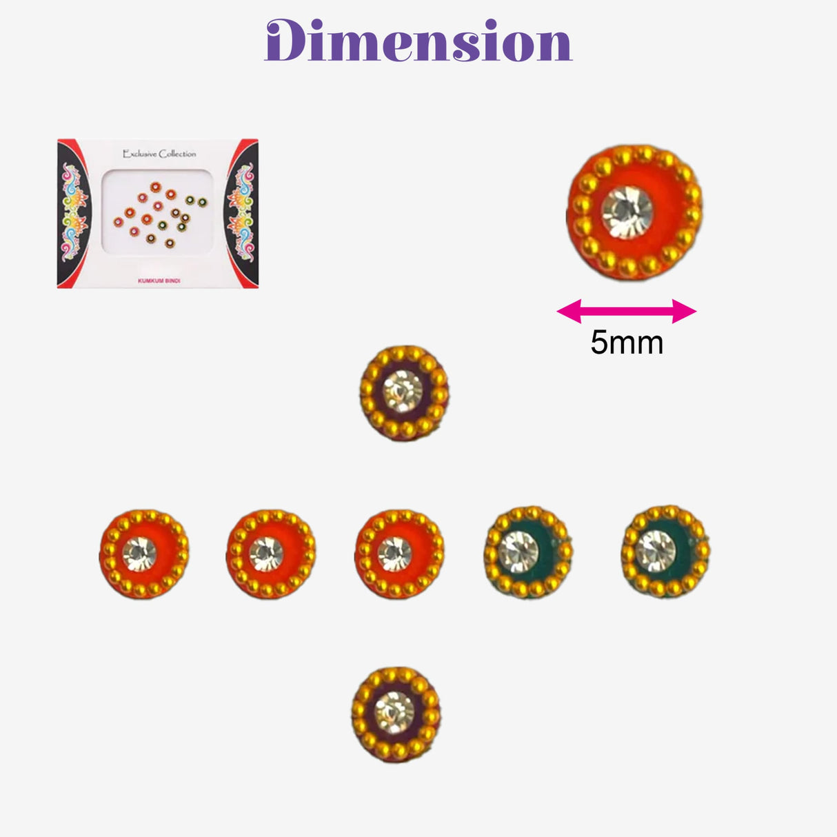Bright orange and green circular nose studs with gold bead borders and clear crystal centers from Indian crystal Bindi Booklets collection