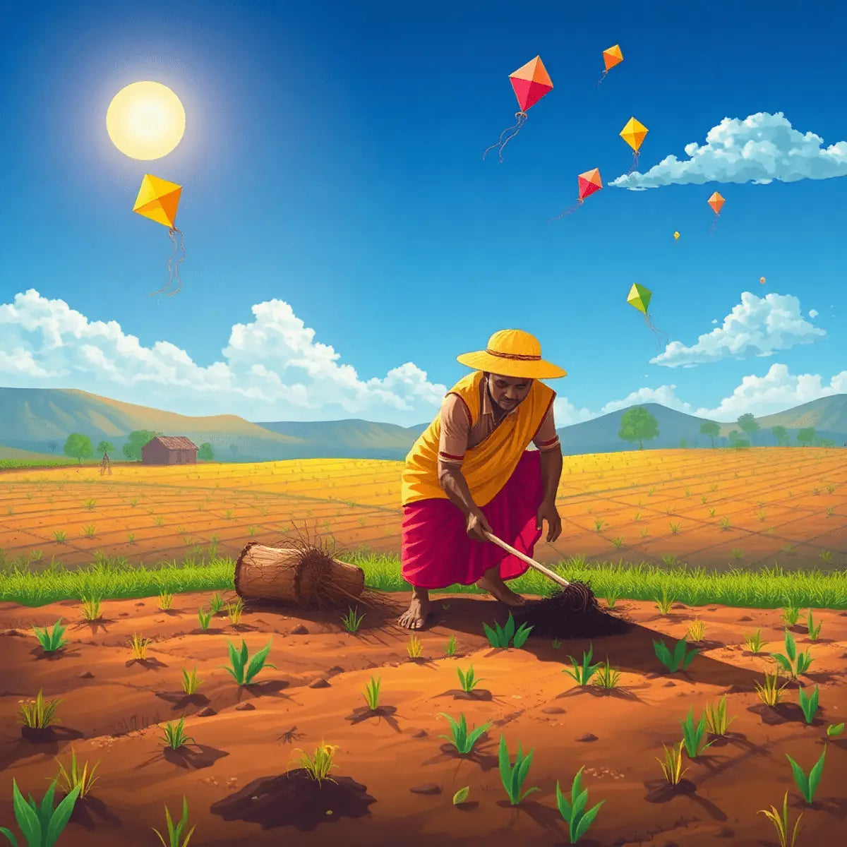 A farmer in traditional attire works the soil under a bright sun, surrounded by colorful kites and fields, symbolizing the connection between agriculture and cosmic events.