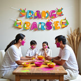 Colorful Rang Barse Holi party banner with drum motifs