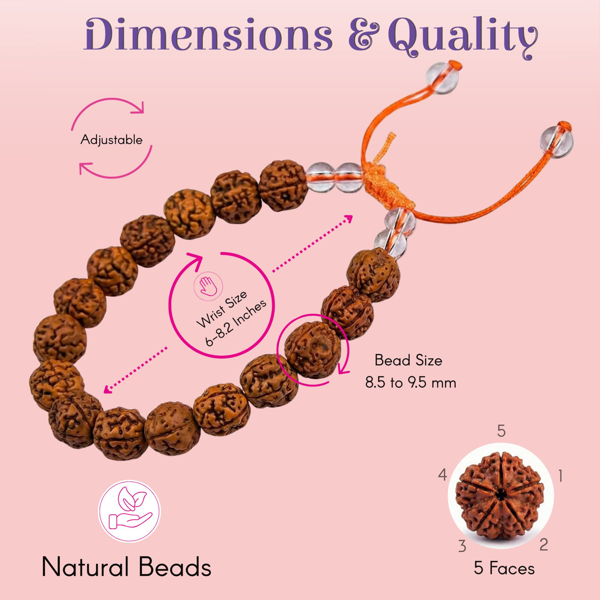 Adjustable 5 Mukhi Rudraksha bracelet with orange cord, brown textured beads, crystal accents