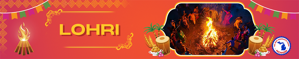 Festive banner for the Lohri harvest festival featuring a bonfire celebration.