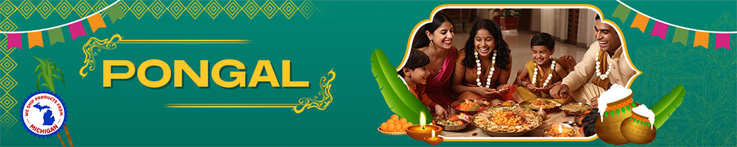 A festive green banner with ’PONGAL’ text and decorative elements celebrating the harvest festival.