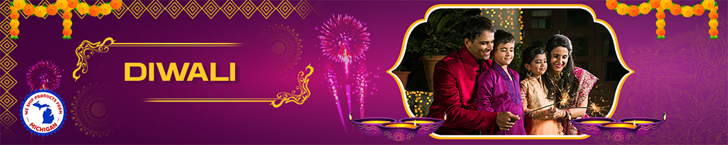 Festive purple and gold Diwali banner featuring traditional celebratory imagery and fireworks