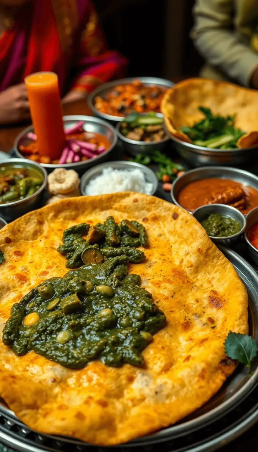 A traditional platter filled with makki di roti and sarson ka saag, surrounded by colorful side dishes and garnishes, creating a warm, inviting atmosphere.