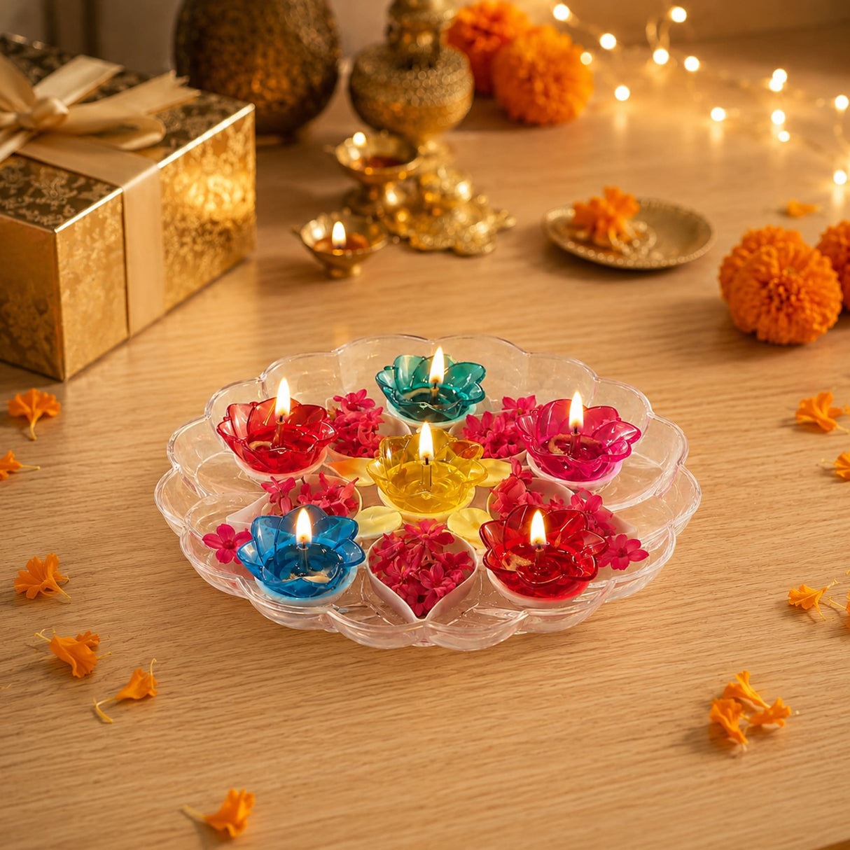 Clear plastic flower-shaped diya holder with six colorful translucent red blue yellow and teal candle holders for diwali decor