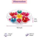 Clear plastic flower-shaped floating rangoli diya with six colorful translucent wax candles for diwali decor