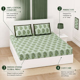 Light green cotton bedsheet set with dark green paisley floral print 3 pcs fitted 150 thread count breathable bedding