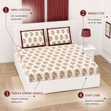 Cream-colored fitted bedsheet with red and brown paisley pattern made of 100% cotton 150 thread count for king or queen beds