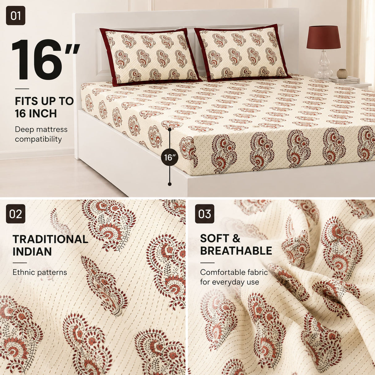 Cream-colored floral block print fitted bedsheet set with maroon paisley patterns 100% cotton breathable king queen