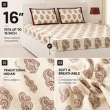 Cream-colored floral block print fitted bedsheet set with maroon paisley patterns 100% cotton breathable king queen