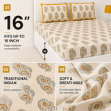 Cream-colored quilted king bedsheet set with mustard and dark gray paisley patterns 100 percent cotton breathable fabric