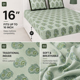 Light green 100 percent cotton fitted bedsheet with dark green traditional indian ethnic patterns soft breathable