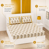 Cream-colored 3 pcs fitted indian bedsheet set with gold and gray paisley patterns 150 thread count 100% cotton