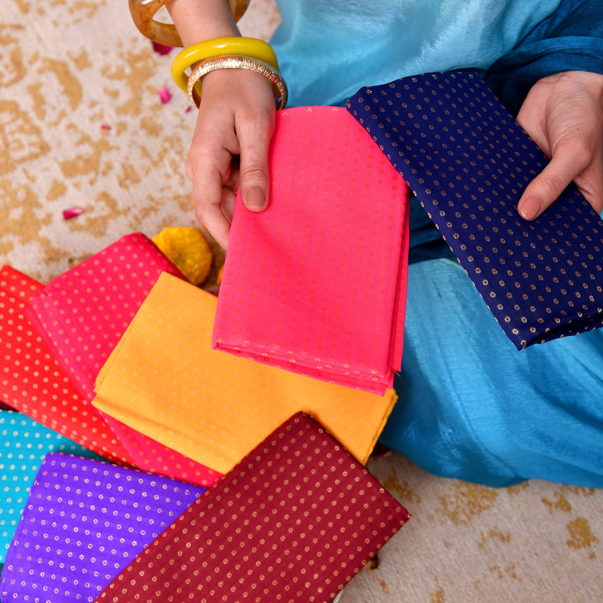 Vibrant pink polka-dotted unstitched floral multicolor blouse fabric square for women saree pooja and indian return gifts