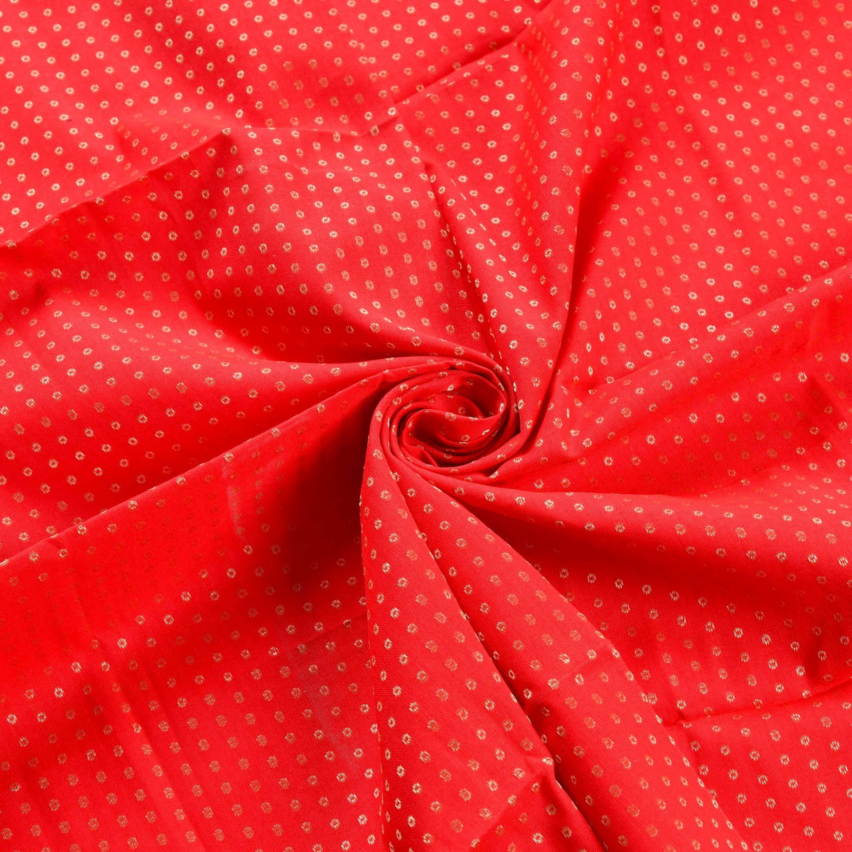 Vibrant red unstitched floral blouse piece with subtle gold polka dots for saree pooja housewarming gifts