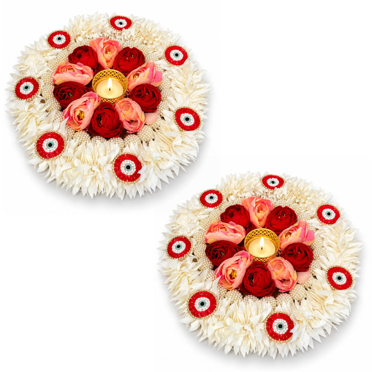 Decorative floral rangoli mat tealight candle holder featuring circular red and pink rose arrangements with eye motifs for diwali home décor