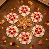 Decorative floral rangoli mat tealight candle holder with white chrysanthemums pink and red roses for diwali pooja and décor