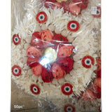 Decorative floral rangoli mat tealight candle holder with coral red roses white paper flowers and pearl bead accents