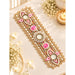 Gold-toned decorative candle holder with intricate beadwork pink floral accents and mirrored details for diwali pooja decor