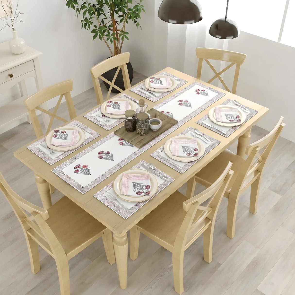 Set of six cotton rectangular placemats with muted pink and gray floral pattern for dining table decoration