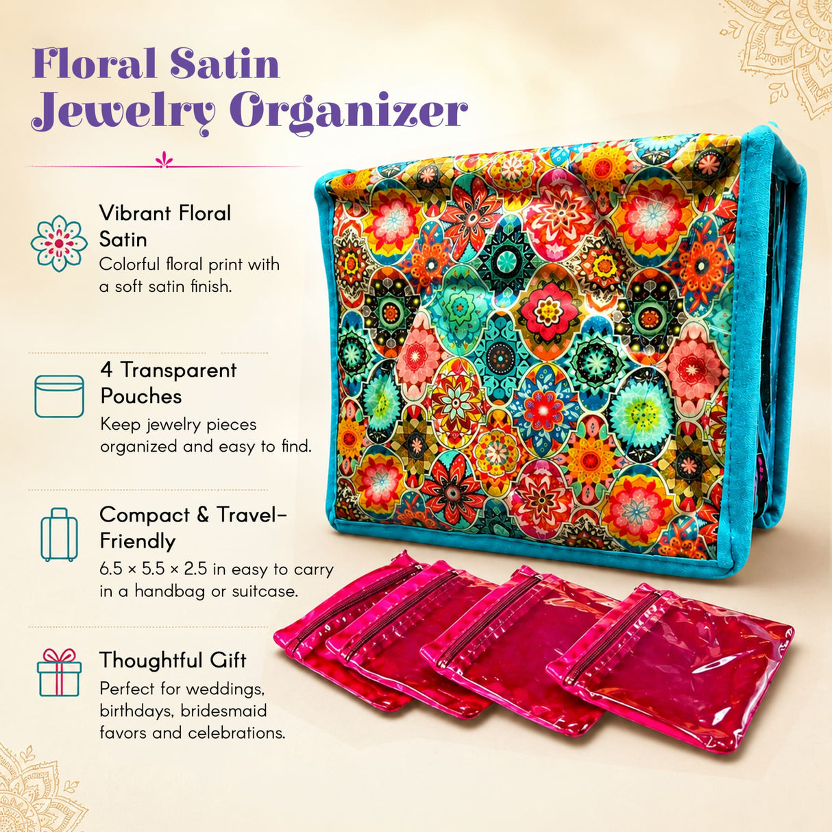 Floral print satin jewelry box with turquoise trim and colorful fabric includes four translucent pink zip lock pouches