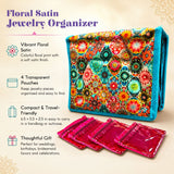 Floral print satin jewelry box with turquoise trim and colorful fabric includes four translucent pink zip lock pouches