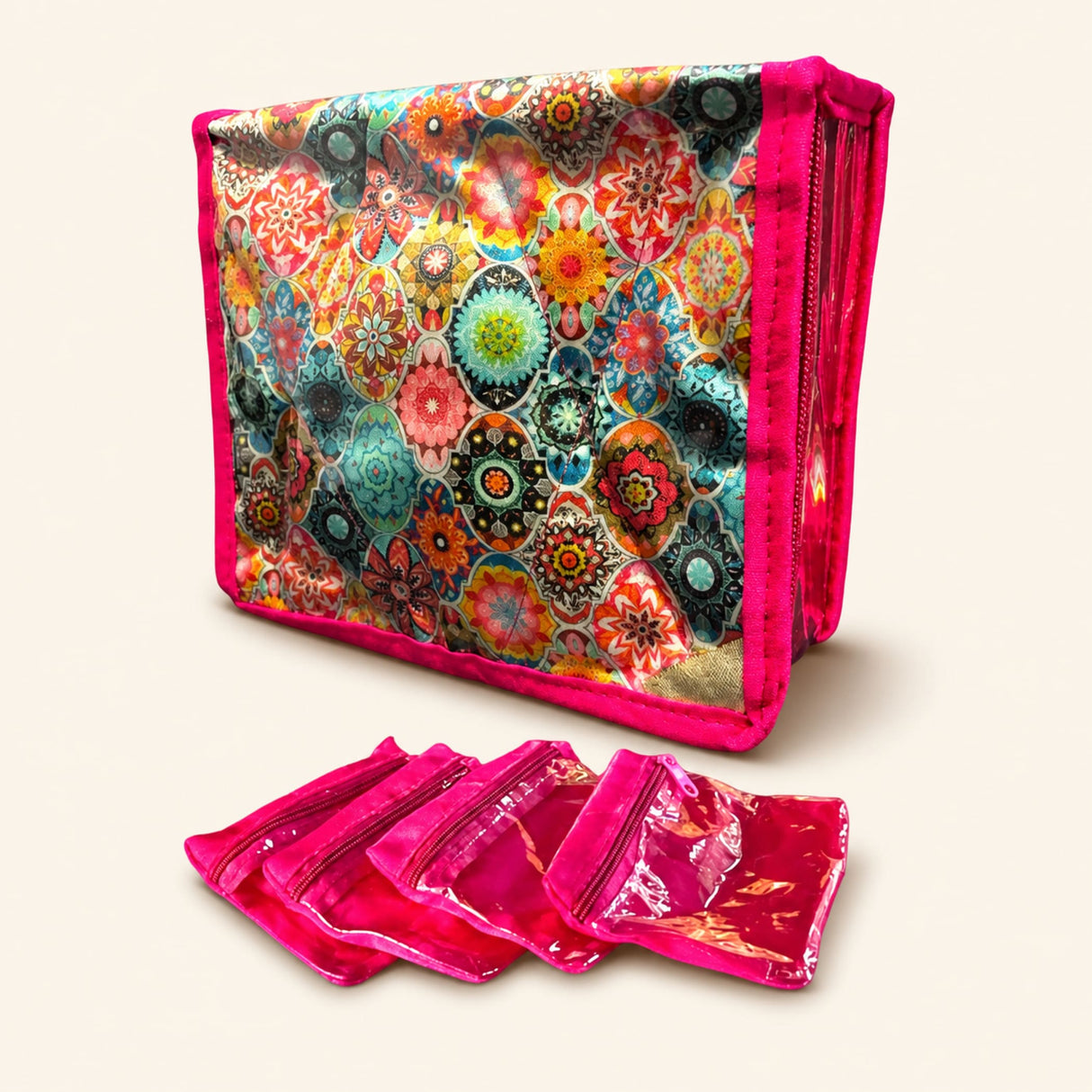 Vibrant pink transparent satin zippered makeup organizer with colorful mandala pattern and matching smaller pouches