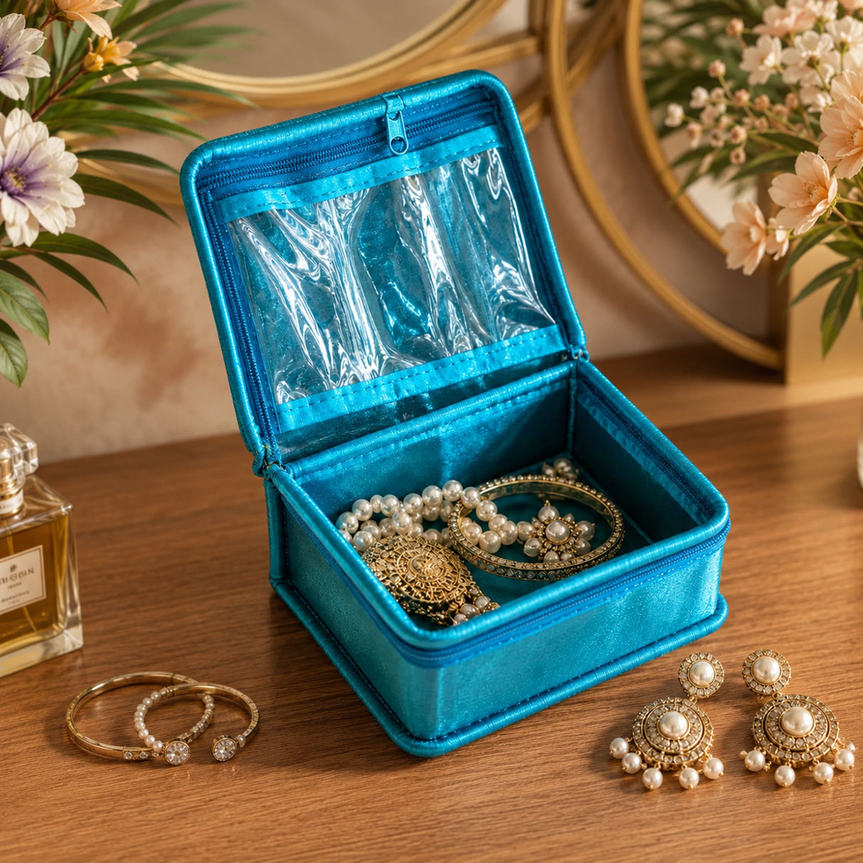 Vibrant turquoise velvet jewelry box with clear plastic window and zipper closure for travel and gifting organizer