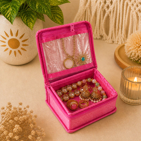 Vibrant pink velvet jewelry box with clear plastic insert and zipper closure for Indian wedding favor and travel organizer
